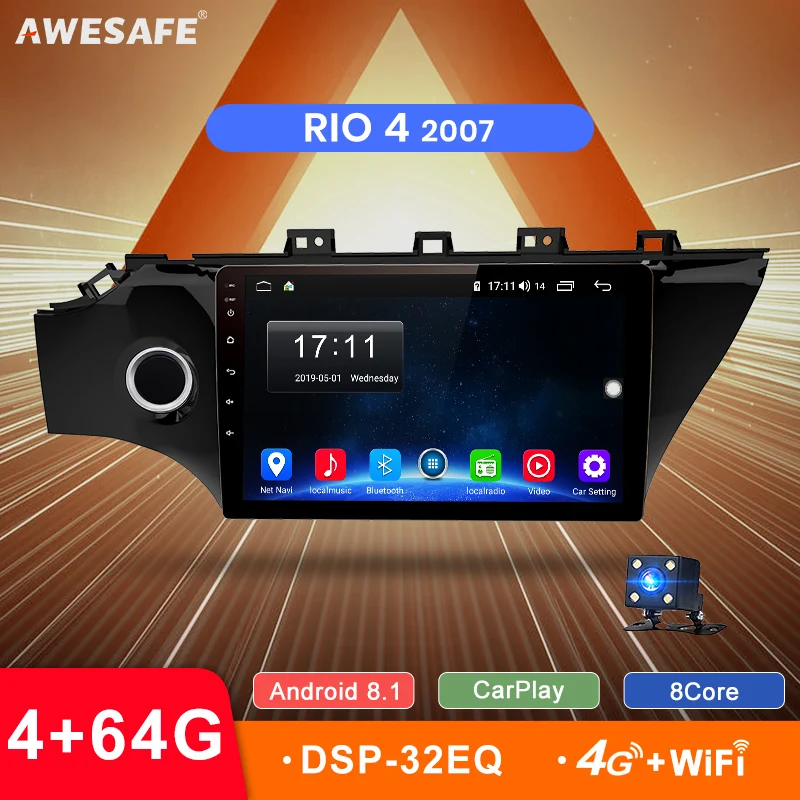 Perfect AWESAFE Android 8.1 4G+64G Car Radio Multimedia Video Player GPS Navigation CarPlay 2 Din 9" For For KIA RIO 4 2017 sedan no DVD 0