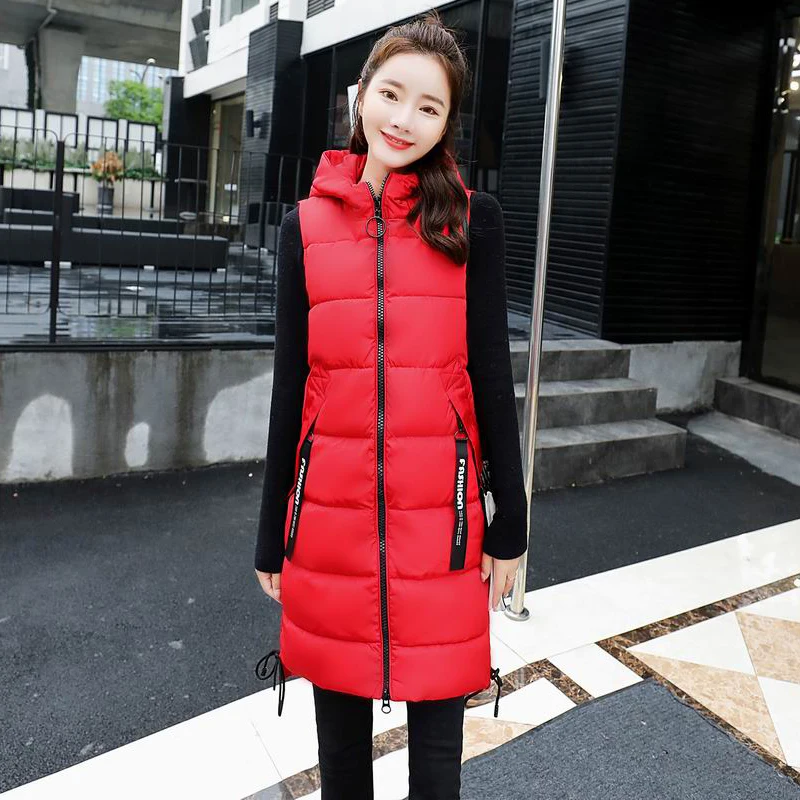 Brand Women's Long Vest Down Cotton Padded Vests Sleeveless Hooded