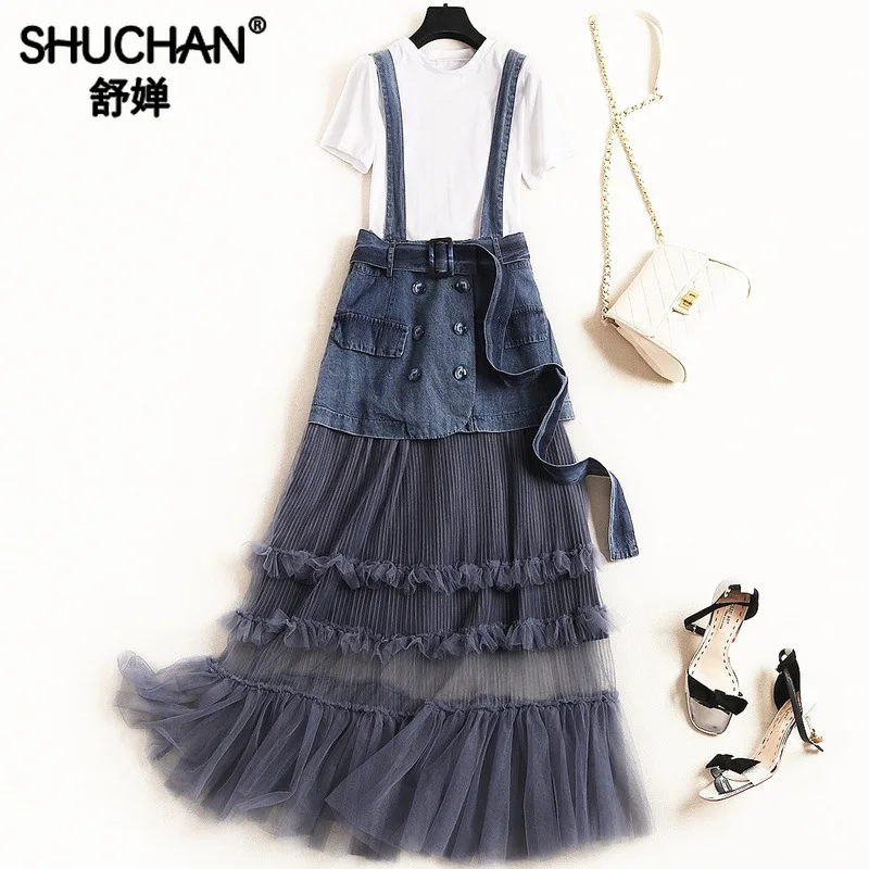 

Shuchan 2 Piece Set Women White T-shirt+ Denim Patchwork Mesh Skirts High Street 2019 Fashion Women Designer Suit 51076