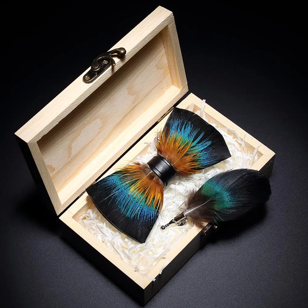KAMBERFT дизайнерская ручная работа перо брошь для галстука-бабочки деревянная коробка набор Высокое качество мужской галстук-бабочка кожаный галстук для свадьбы вечеринки банкета
