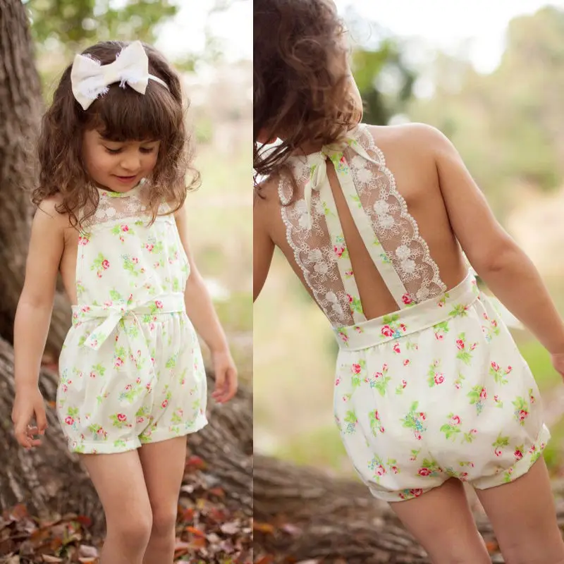 Популярная детская летняя одежда для маленьких девочек кружевные платья с цветочным принтом Комбинезон, комбинезон, цельный костюм