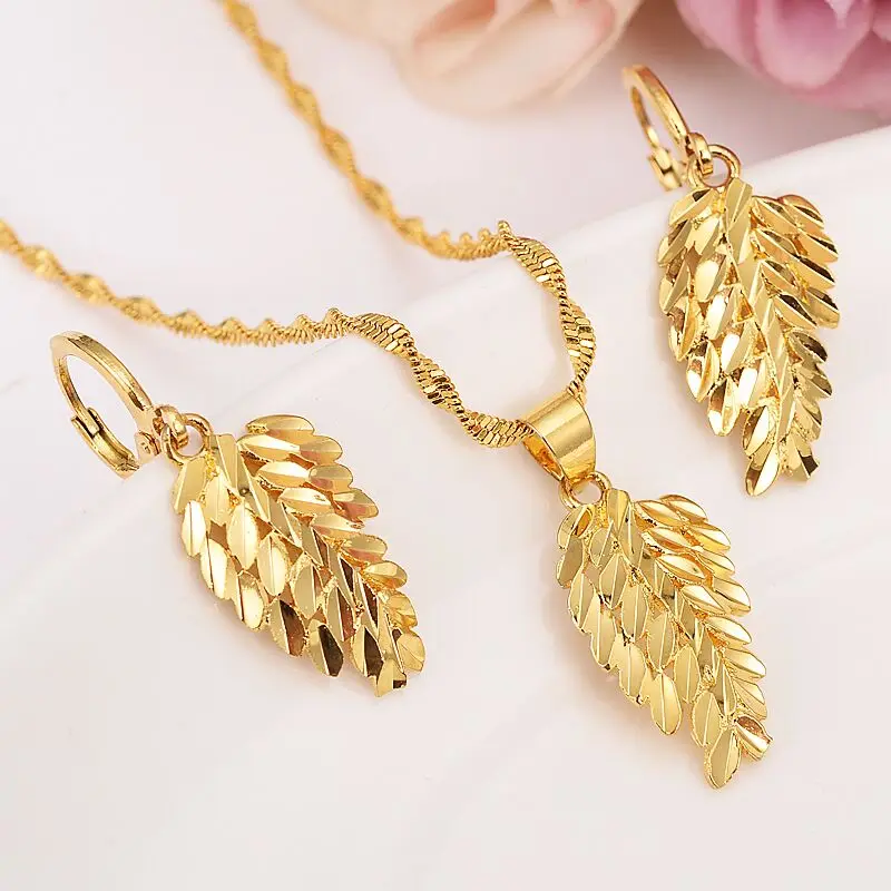 

dubaii india arab Fashion plume Pendant Earring Set Women Party Gift 14 k Solid Gold Filled Leaf Necklace Jewelry Sets