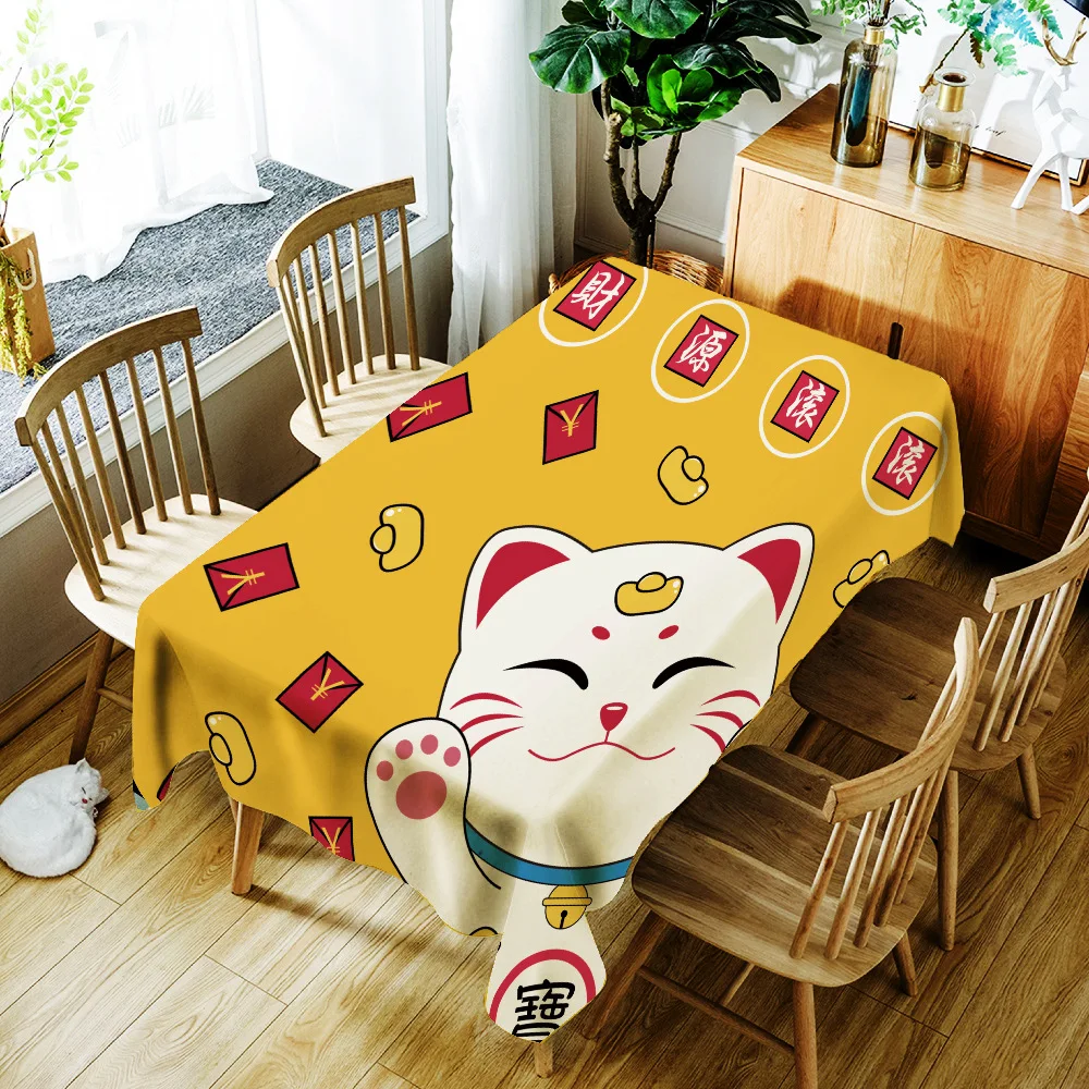  Cartoon Lucky Cat and Fish Printing Tablecloth Japanese Style Polyester Waterproof Table Cloth for 