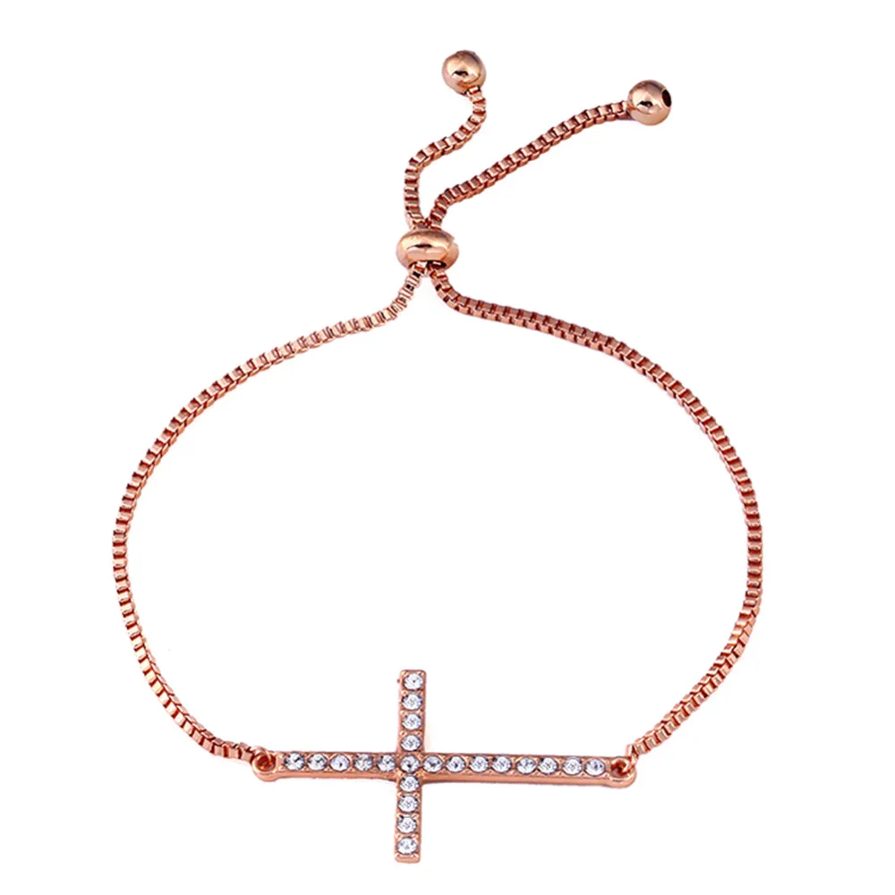 

Fatpig Cross Rhinestone Alloy Bracelets for Women Simple Adjustable Bangles Fashion Female Rose gold Bracelet Chain Length 35cm