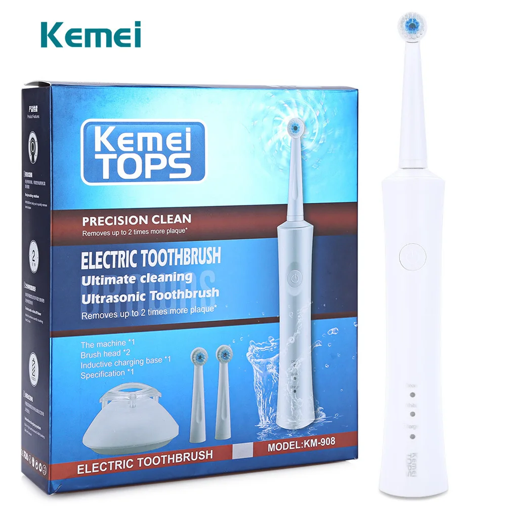 

Kemei Rechargeable Electric Toothbrush Waterproof with 2 Heads Reciprocating Rotating Oral Hygiene Dental Care for Kids Adults