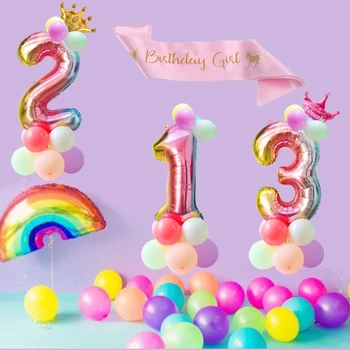 

32inch rainbow number balloons with gold crown unicorn party foil balloon birthday party decorations kids baby shower globos