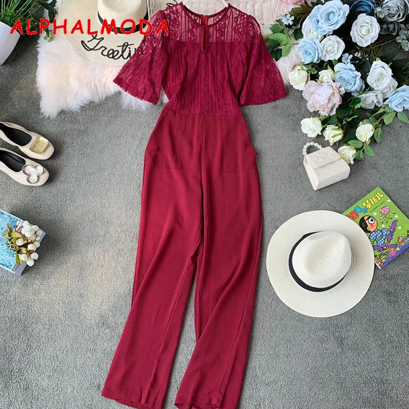 

ALPHALMODA 2019 Summer Women Lace Patchwork Solid Slim Jumpsuits Short-sleeved Crotchet Waist Belt Ladies Graceful Rompers