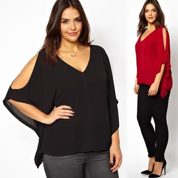 

2016 New Fashion Stylish Lady Women Casual Sexy Women V-Neck Plus Size Batwing Sleeve Blouse Chiffon Shirt Blusa Top wholesale