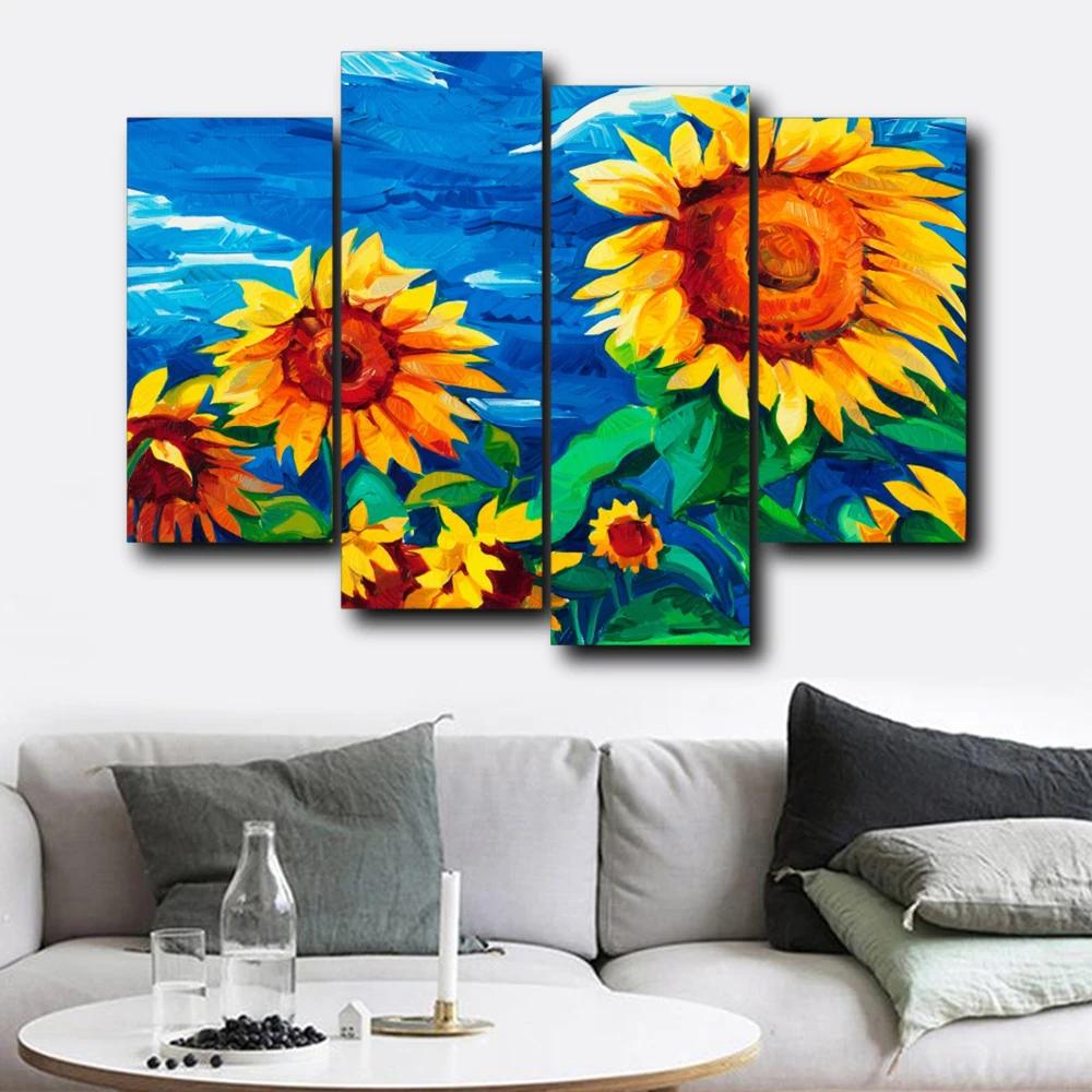 

Vintage 4 Panel Sunflowers Garden Posters and Prints Canvas Painting Artwork Home Living Room Bedroom Wall Decoration No Frame