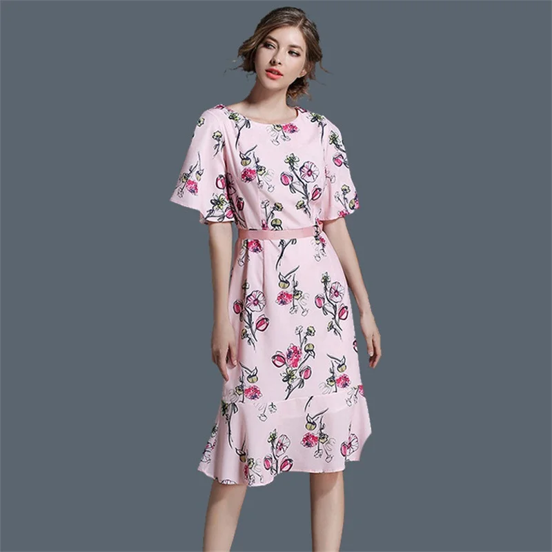 New Summer Leisure Dress Women Printed Vestidos Sexy O Neck Cinch Waist