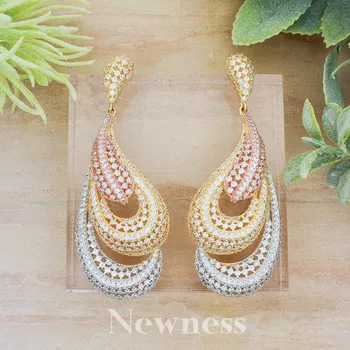 

Newness Water Drop Brand Design Full Cubic Zirconia 3Tone Gold Earrings Luxury Jewelry For Women Wedding Width Bracelet Brides