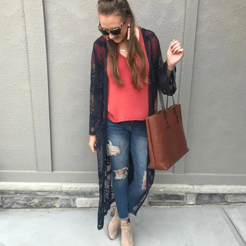 Spicylace Women High Quality Print Flower Lace Cardigan Long Sleeve Beach Open Kimono Cardigan Long Blouses Tops