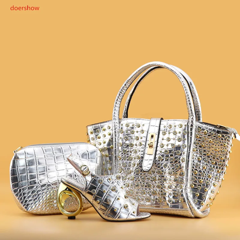 doershow African silver Shoes and Bag Set Italian Shoes with Matching