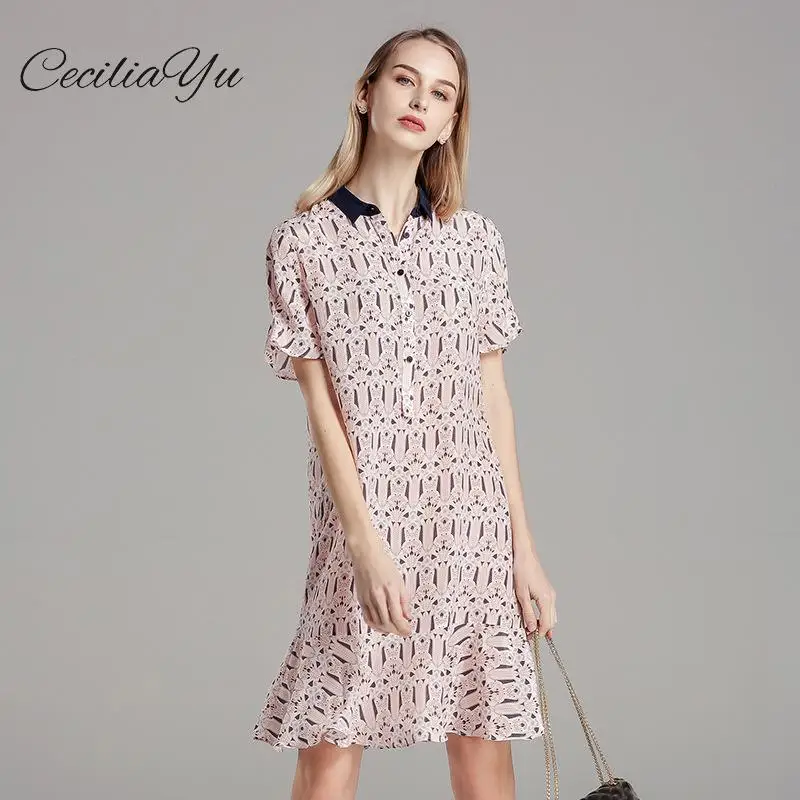 

Summer 2019 New Women's Suit With Printed 100% Silk Dress Office Lady Short Ruffles Knee-length Regular Natural Women Dress