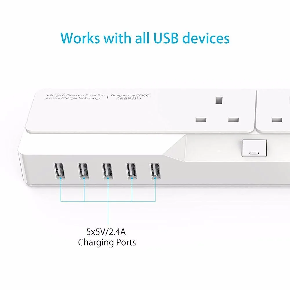 ORICO OSJ-4A5U-UK домашний офис UK Сетевой фильтр с 5 USB зарядным устройством 4 UK AC Plug мульти-розетка дорожные Силовые полосы 5 футов-белый