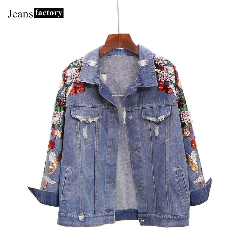 

New Embroidered Beaded Sequins Fashion Spring Autumn Denim Jacket Women's Patchwork Loose Denim Jacket Women's Long Sleeve Coat