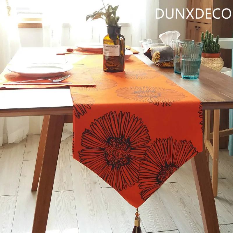 

DUNXDECO Table Runner Long Table Cover Fabric Country Style Flora Print Orange Color Modern Home Party Table Decoration Mesa