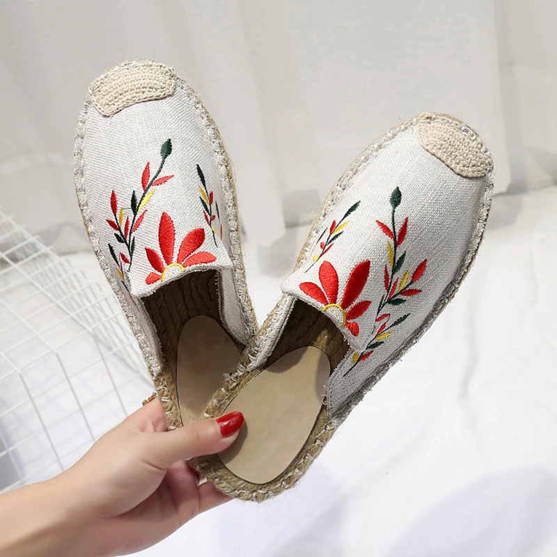 

Women Slippers 2019 Summer Embroidery Fisherman Shoes Hemp Handmade Slippers For Woman Summer Shoes Female Slipper Plus Size 43