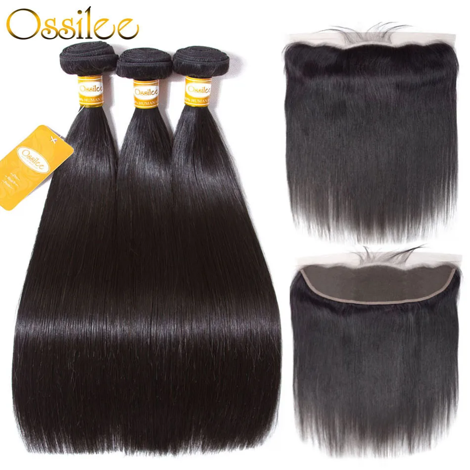 melhor Ossilee Pacotes com Frontal Cabelo Liso Pacotes com Frontal Feixes de Cabelo com Fechamento Frontal Do Cabelo Remy Humano Brasileiro
