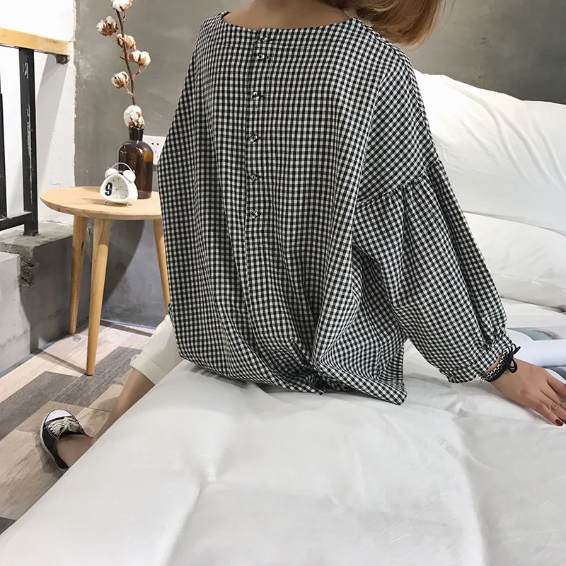 Mujer primavera blusas femininas cuello después de hebilla plaid manga linterna suéter camisas blusa de las mujeres ropa mujer... 166-0218 Mujer primavera blusas femininas cuello después de hebilla plaid manga linterna suéter camisas blusa de las mujeres ropa mujer... 166-0218