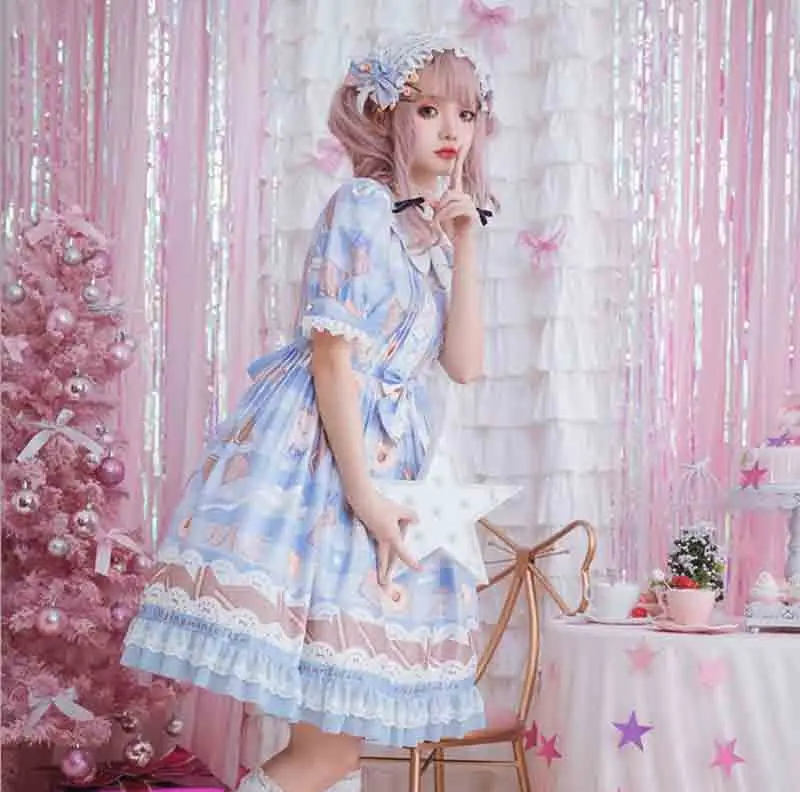 Платье Лолиты для девочек голубое розовое готическое шифоновое летнее кружевное платье принцессы с короткими рукавами подарок на день рождения для женщин/девочек, большие размеры XL