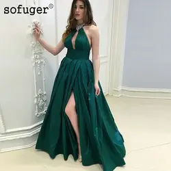 Sofuge темно зеленый длинные вечерние платья 2019 пикантные высокий разрез Холтер вечернее платье вечерние платья с открытой спиной vestido de festa