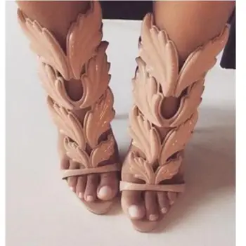 

New Designed Hottest Leaf High Heel Sandals Wedge Metallic Winged Sandal Black White Summer Fashion Dress Shoes Cheap Price