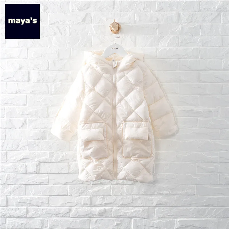 Mayas/белые зимние теплые длинные детские парки новые модные куртки с длинными