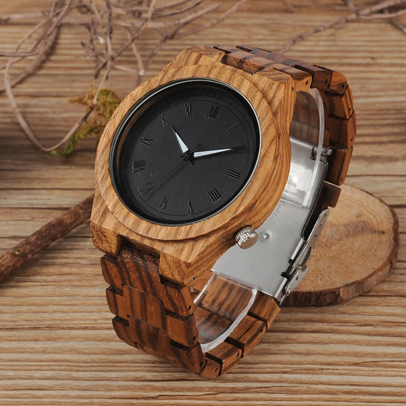 BOBO BIRD Mens Watch Zebra Wood Quartz Watch with Luminous Hands Full Wood Band in Gift Box custom logo saat erkek relojes