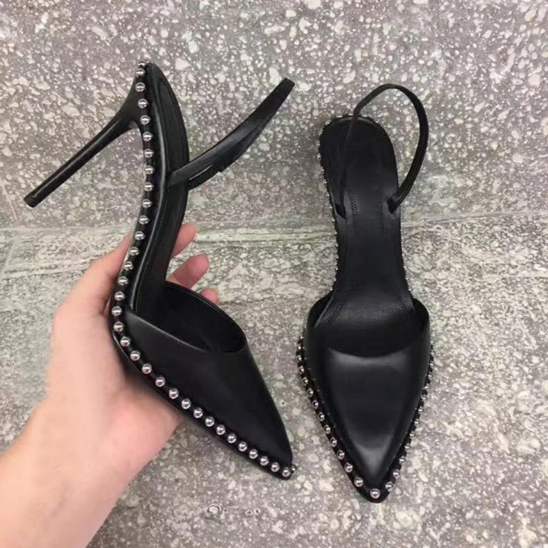 

Hanbaidi New hot sell summer sandals women high heels back strap pointed toe metal beaded rivets decor pumps dress shoes women