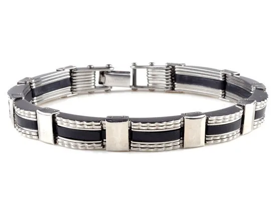 New-Men-s-High-Quality-Stainless-Steel-Bracelet-Silver-Link-Black-Rubber-Bangle (6)