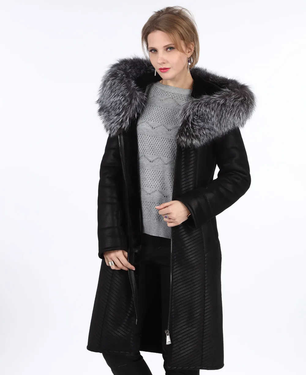 Женское теплое зимнее пальто с капюшоном, настоящий бренд Fox Fur Trim Hood, двустороннее меховое пальто, женское приталенное женское элегантное пальто из искусственного меха - Цвет: 001