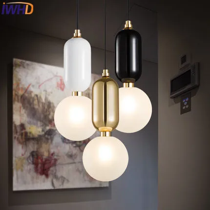 

IWHD Nordic Style Iron Moden Hanging Lamp Bedroom LED Pendant Lights Home Lighting Black White Kitchen Restaurant Glass Lampara