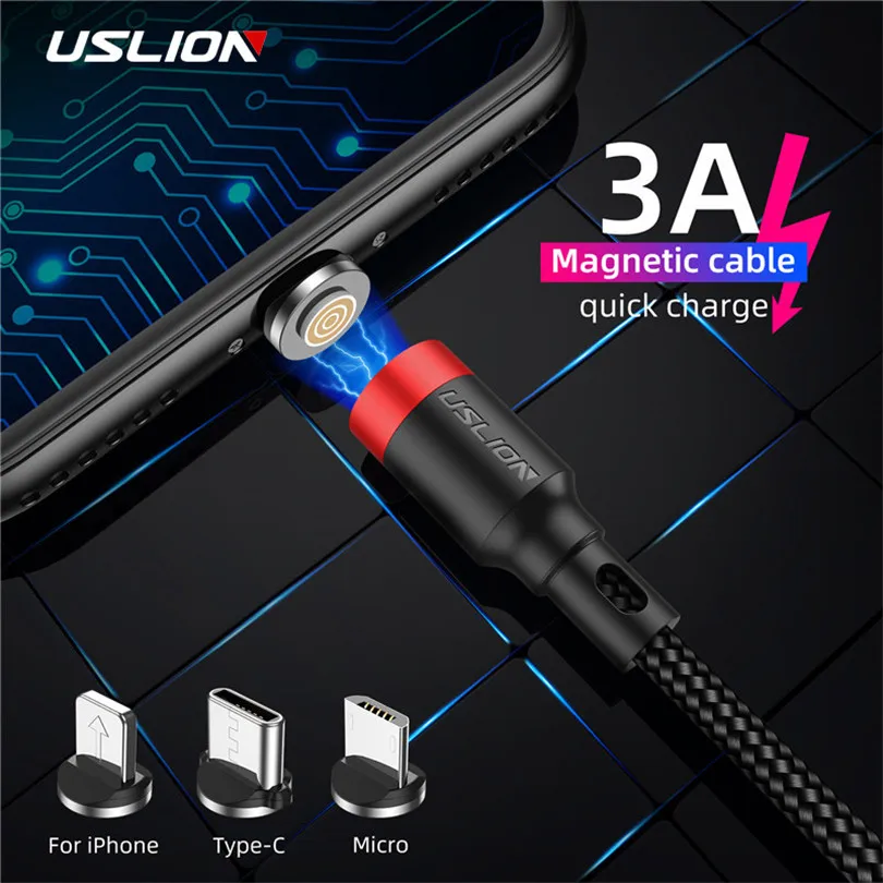 

USLION LED Magnetic Cable Micro USB Type C Cable QC3.0 3A Fast Charging For iPhone XS 8 7 Huawei Xiaomi Samsung USB C Charger