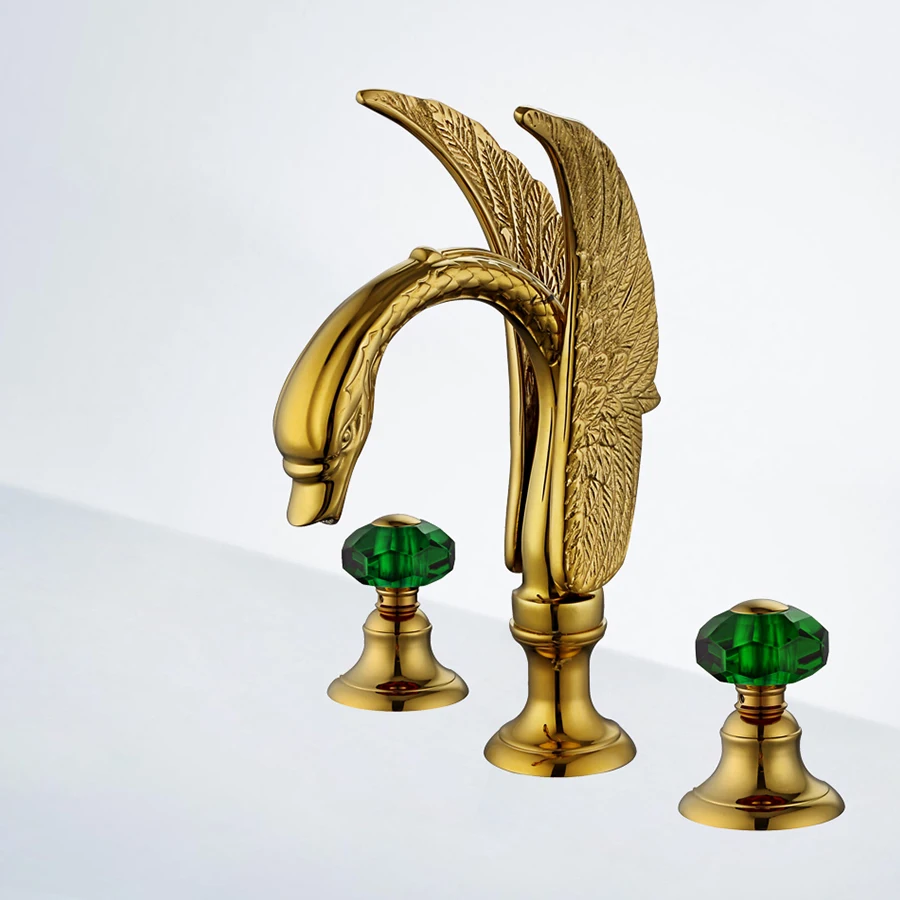 Bathroom 3 Pcs widespread Lavatory Sink faucet Crystal handle Mixer tap Gold Pvd