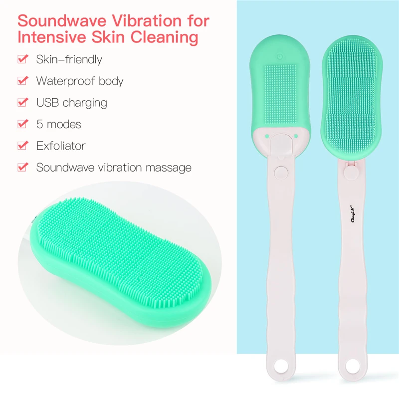 USB Rechargeable Sonic Silicone Facial Cleansing Brush Long Handle Massage Brush Bath Shower Brush Exfoliation Acne Removal 35
