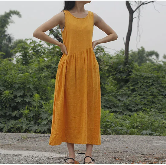

Summer Style Women Cotton Linen Casual Sundress 2019 New Sleeveless Round Neck Solid Color Maxi Dress Plated Dress