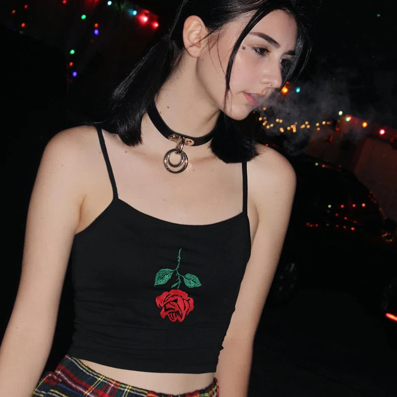 

Women 2019 Summer Streetwear Crop Tops Casual Rose Embroidery Black Spaghetti Strap Top Sexy Secret Sleeveless Backless Camis