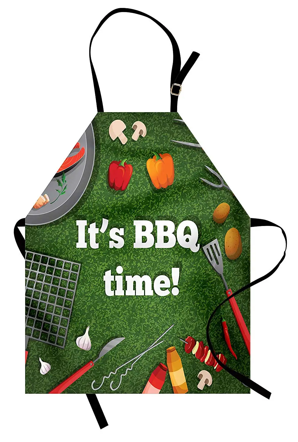 

Apron Its BBQ Time Quote on Green Toned with Food and Grilling Utensils Kitchen Bib Apron for Cooking Baking Gardening