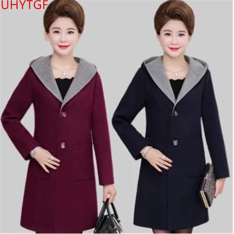 

Autumn winter clothing New Fashion hooded woolen coat Large size elegant women coats Middle aged cashmere Women's jacket 5XL 682