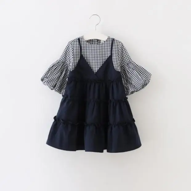 Kids girls dress Korean dress Plaid false two Princess Dress sleeve splicing 16 autumn paragraph