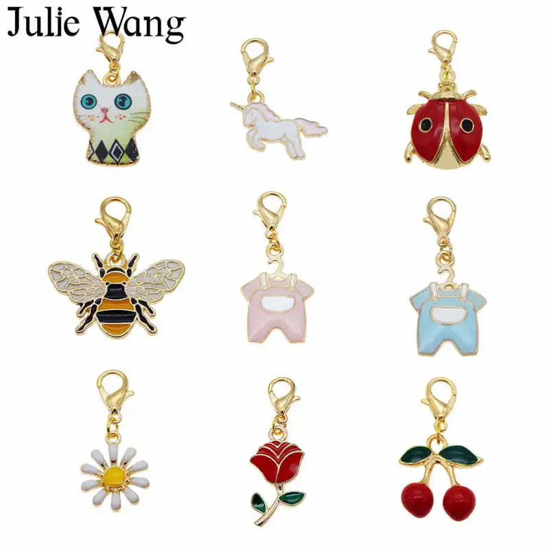 

Julie Wang 4PCS 20 Styles Enamel Cat Bee Unicorn Dog Flower Colorful Keychain Alloy Charms Lobster Clasp Jewelry Making Decor