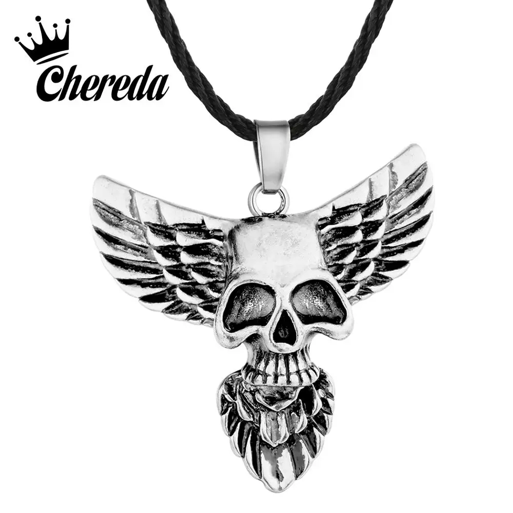 

Chereda Men's Fashion Punk Skull Head Rope Chain Necklaces for Men Eagle Wing Pendant Gothic Ethnic Jewelry