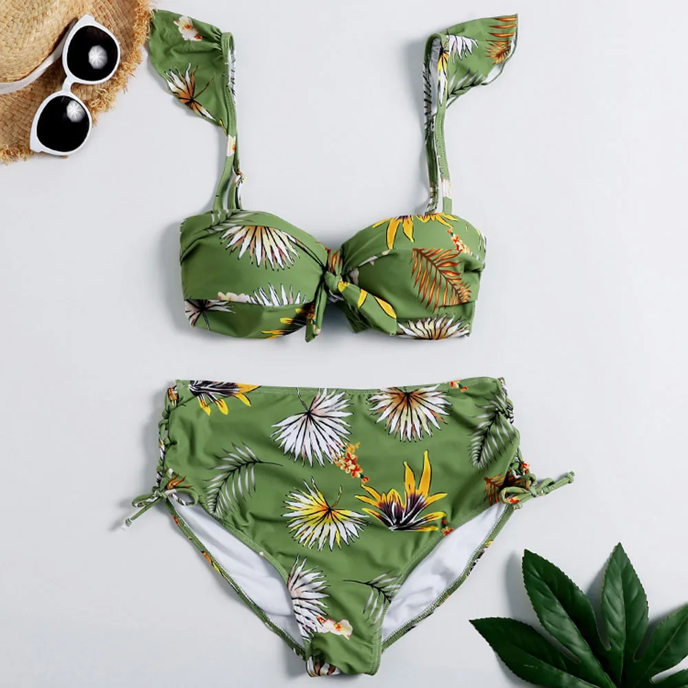 

Bowknot Bikinis Set Women Floral Printed Swimwear Green Low Hight Waist Swimsuit Bandage Bathing Suit Biquini