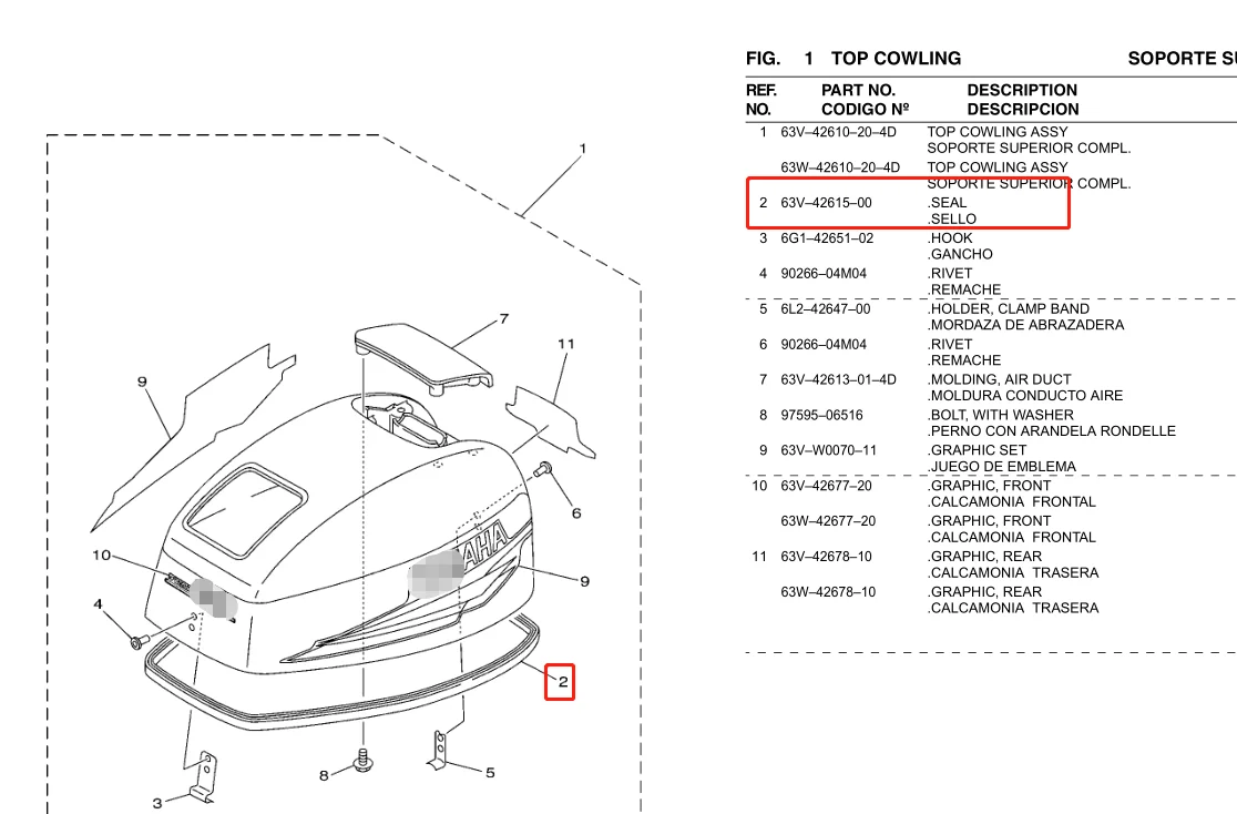 63V-42615 резиновое уплотнение для Yamaha 2t подвесной мотор части 9.9HP 15HP 63V Верхний капот с использованием УФ анти-старения 63V-42615-00