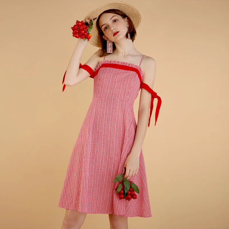 

LYNETTE'S CHINOISERIE Summer Original Design Women French Maiden Plaid Spaghetti Strap Cotton Dresses