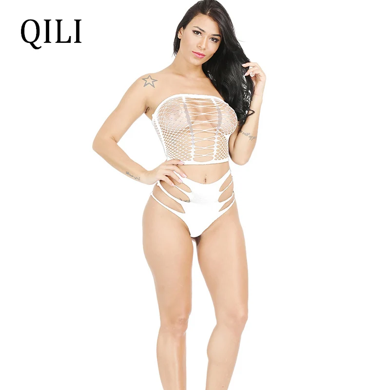 QILI, сексуальный комплект из двух частей, боди для женщин, без бретелек, без рукавов, с вырезами, боди для ночного клуба, сексуальный, прозрачный, 2 шт., боди - Цвет: Белый