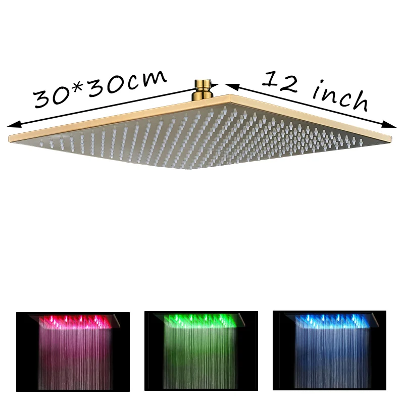 Продвижение 8/10/12/16 дюймов Позолоченные Насадки для душа площадь осадков Ванная Комната Верхний распылитель светодиодные краны аксессуары - Цвет: 12 inch LED