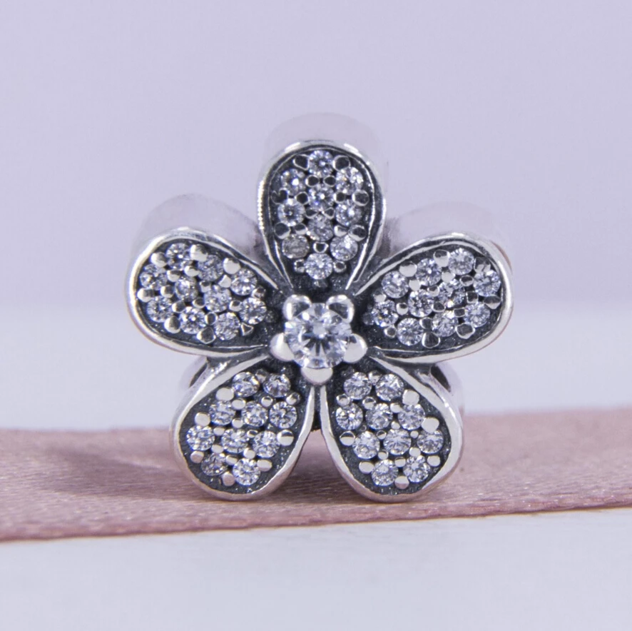 

New Spring Collection Daisy Charms Fit European pandora Bracelet Original 925 Sterling Silver Pave Clear CZ Daisy Flower DIY