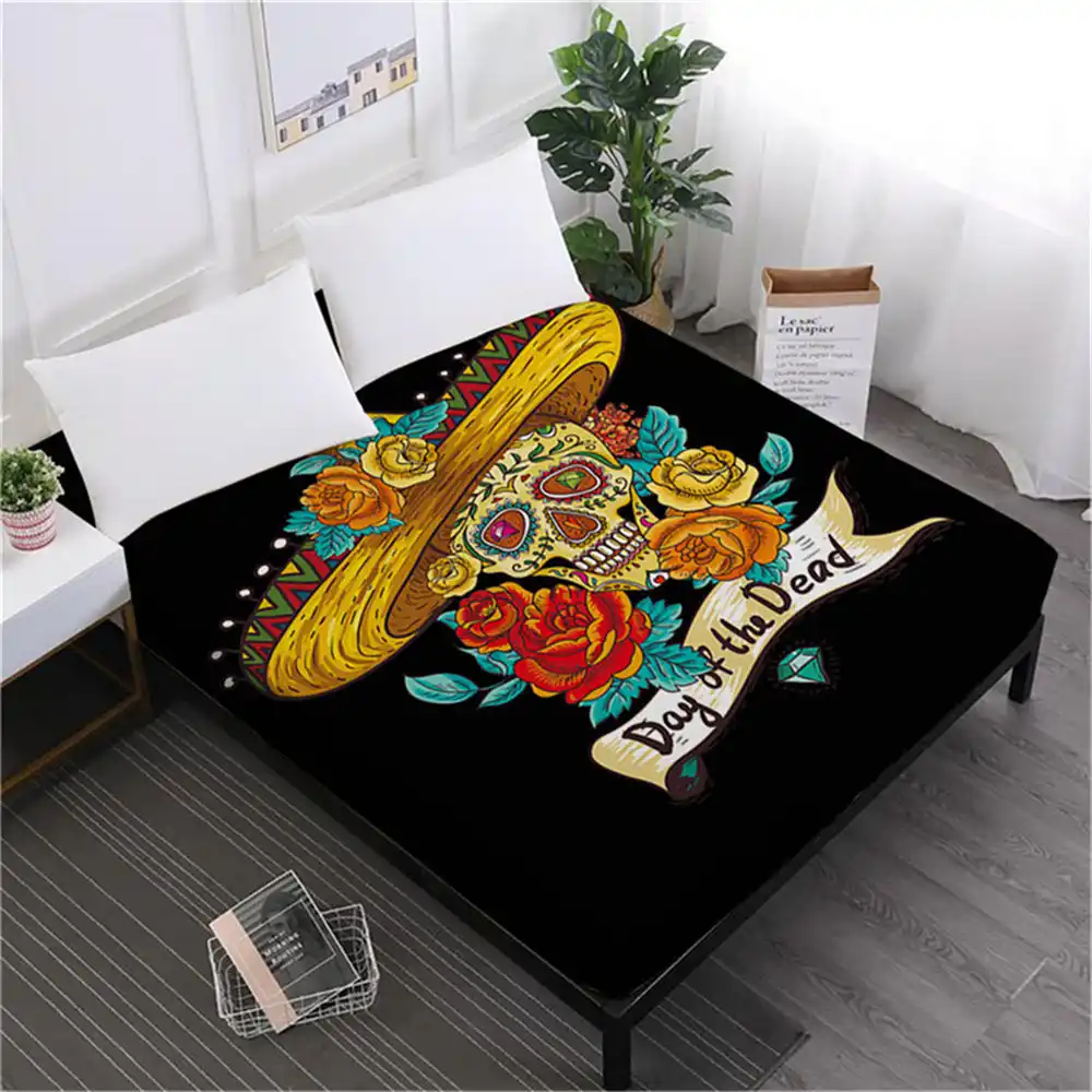 Sugar Skull Bed Sheet Rose Floral Fitted Sheet King Queen